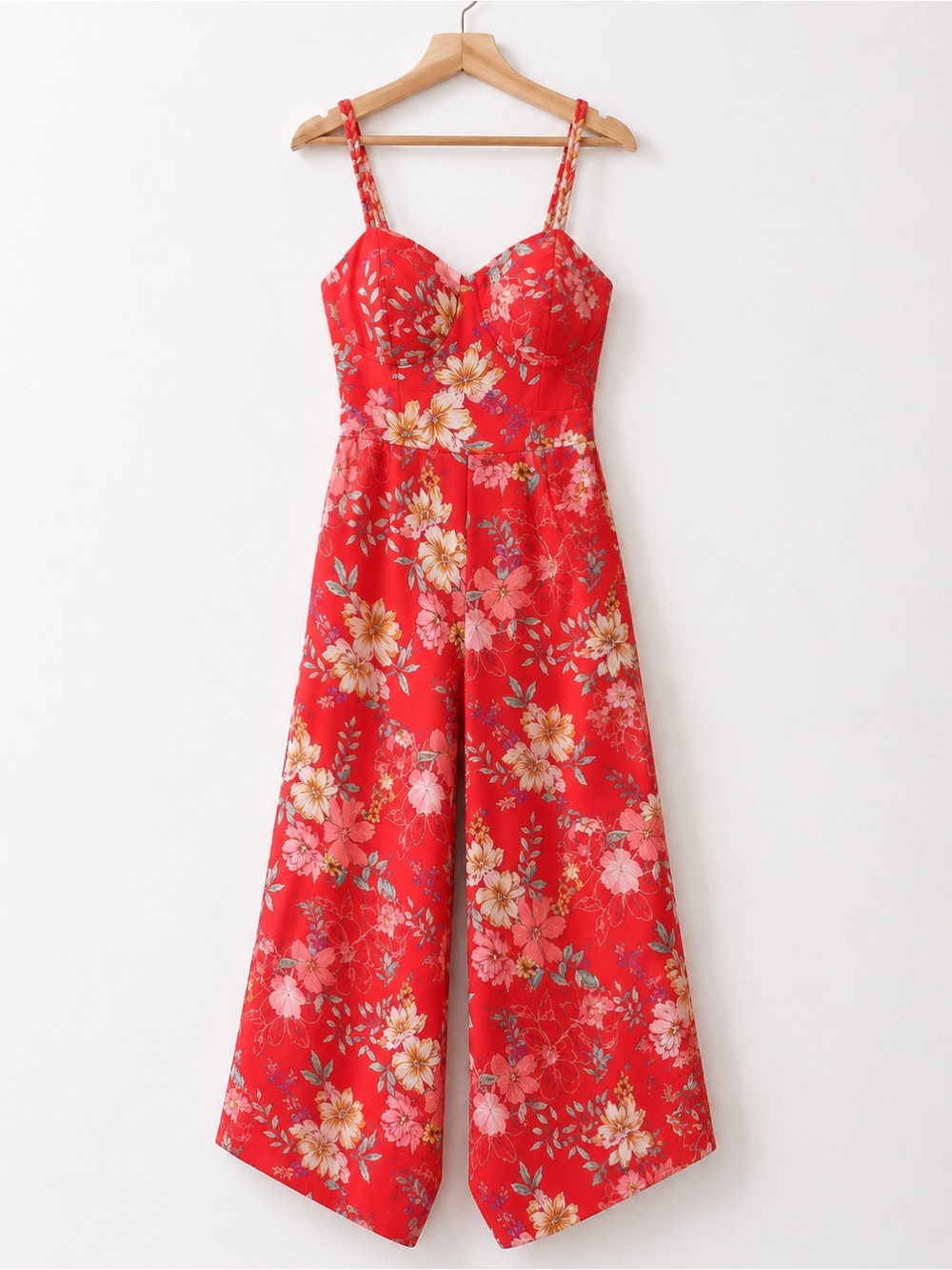 Bog Collective Red Floral Wide Leg Jumpsuit Braided Strap Maxi Romper Boho